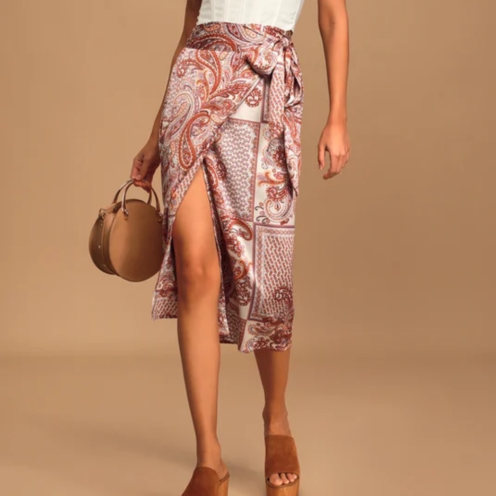Paisley Print Satin Wrap Midi Skirt